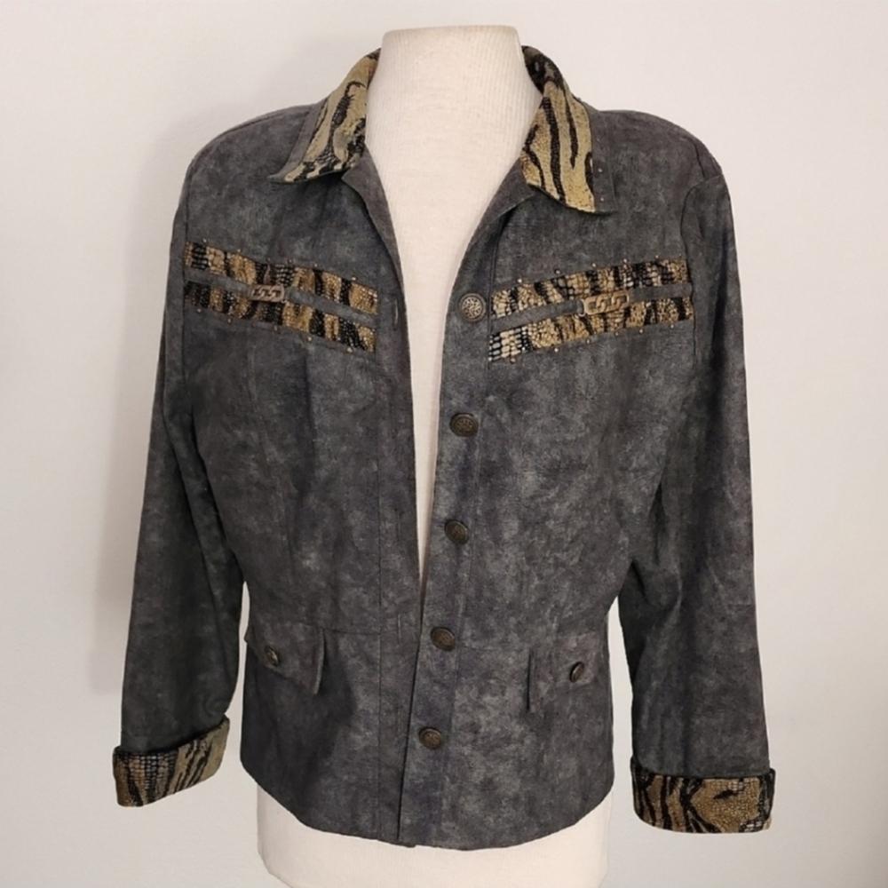 Nancy Bolen Jacket Faux Suede with Animal Print Accents Green Plus Size 14 - Picture 13 of 15